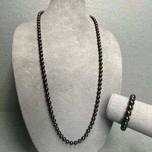 Beaded Necklace Bracelet Set 36 In Black Glossy Chic Retro Gold Slide Clasp Chic